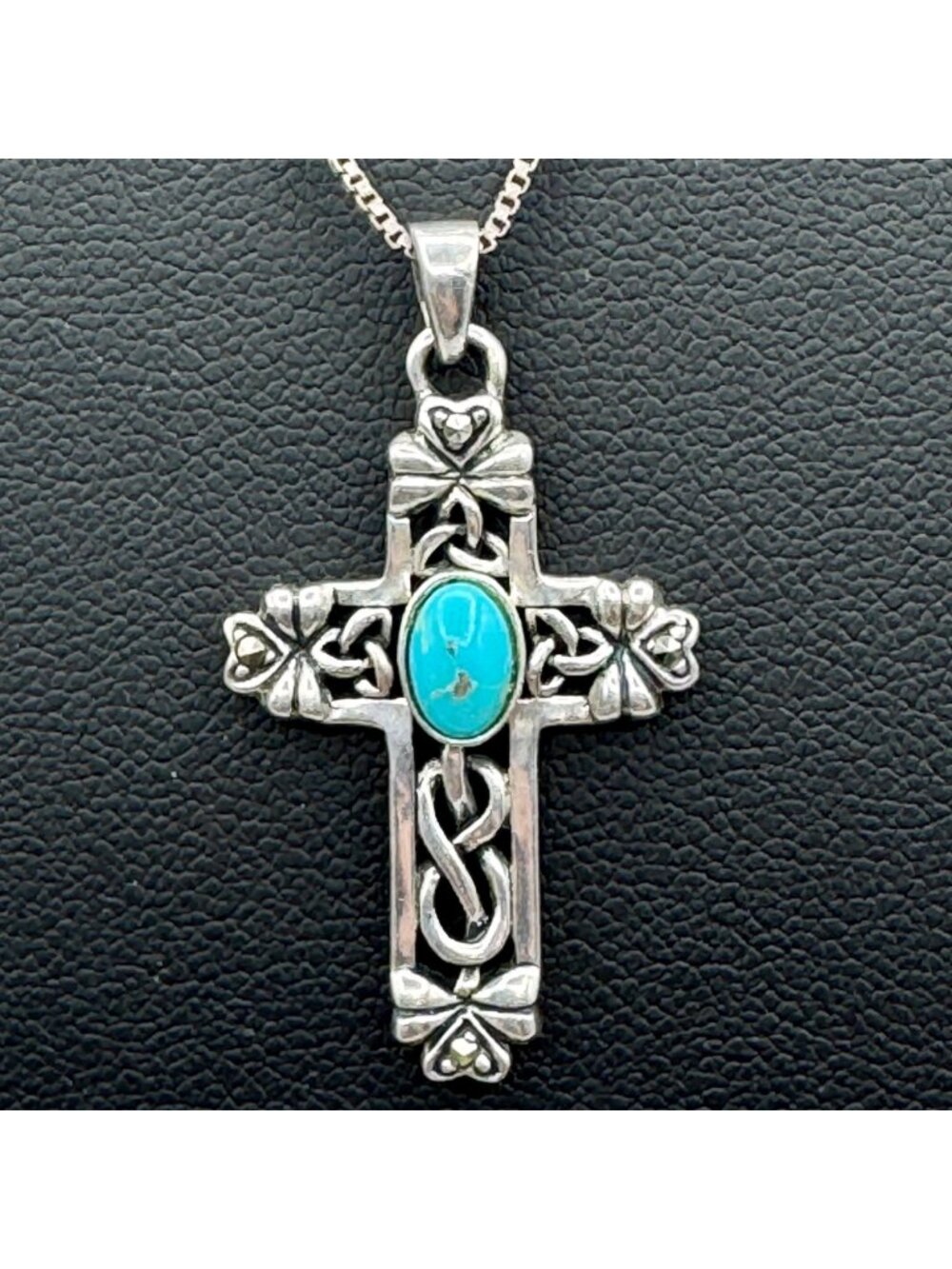 Vintage Irish Celtic Cross Sterling Pendant IRELAND Turquoise Box Chain 18"